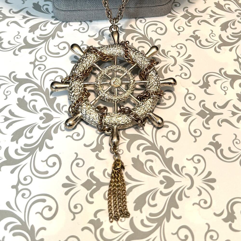 Vintage Silver Chain Wrapped Ships Wheel Nautical Necklace Pendant